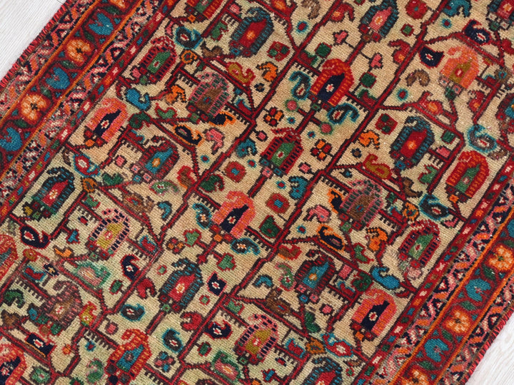 a red and blue rug on a white floor