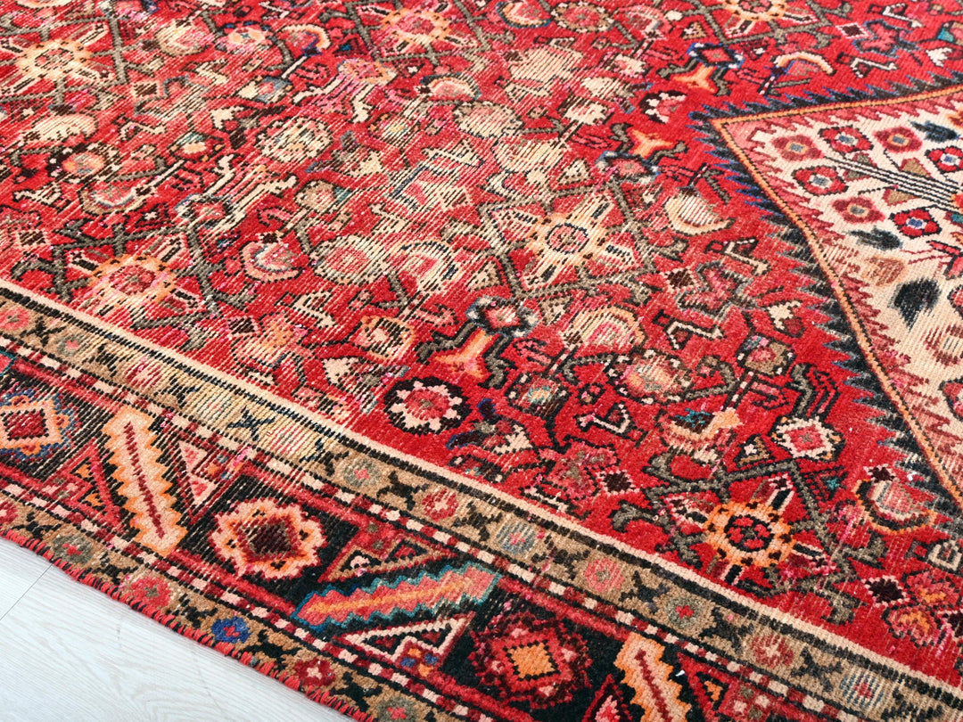 a red oriental rug with a black border