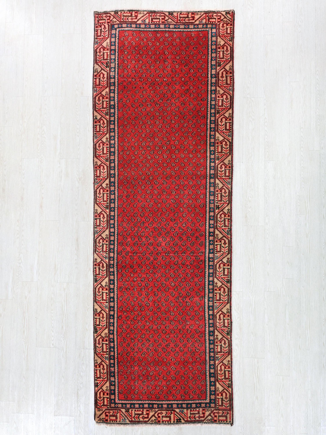 a red and black rug on a white floor