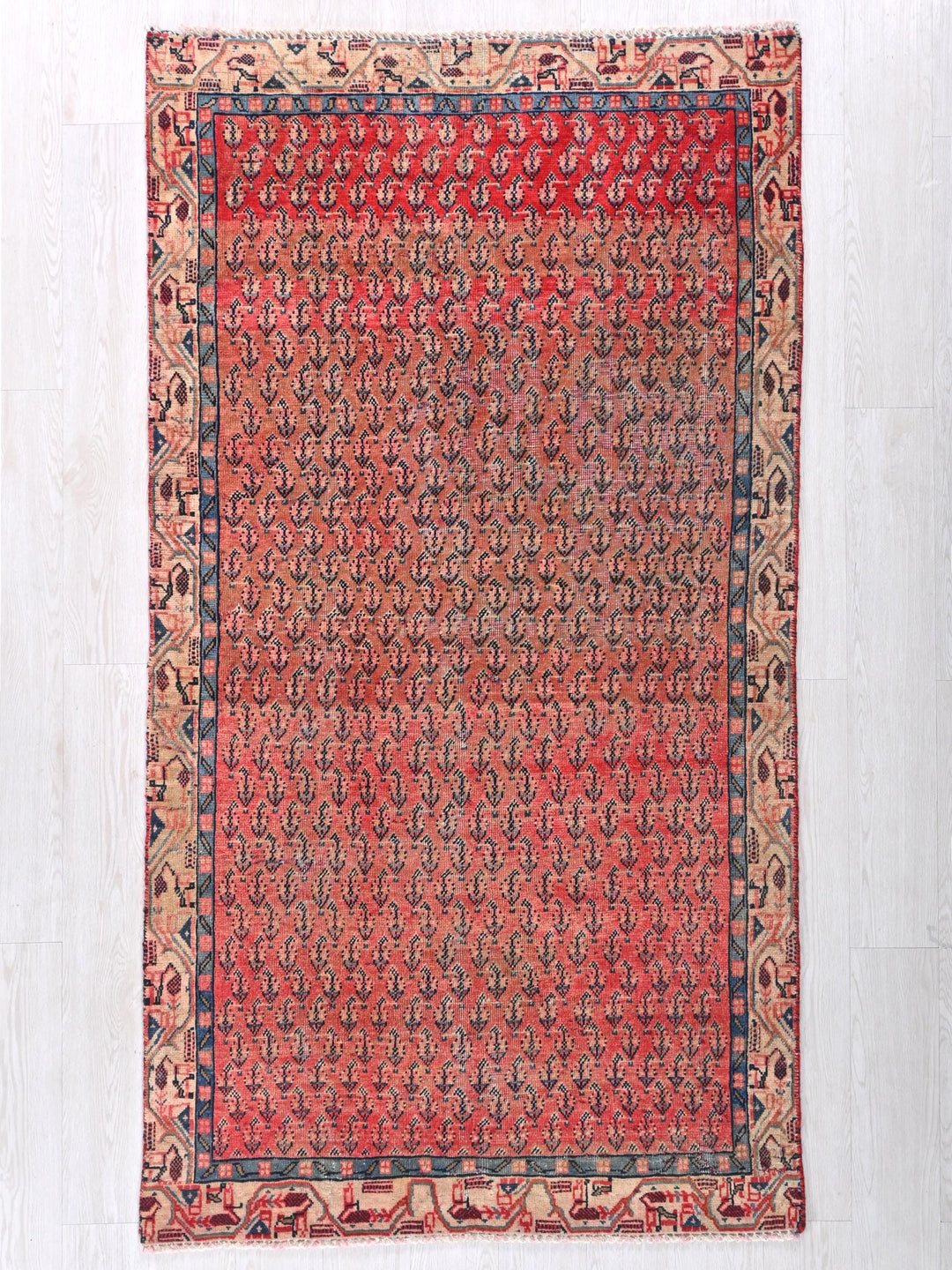 a red and blue rug on a white floor