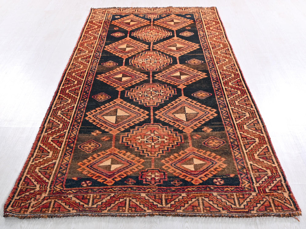 a large oriental rug on a white floor