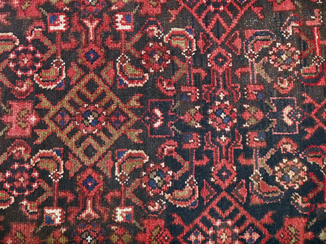 a close up of a red and black oriental rug