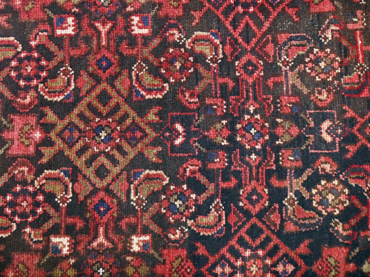 a close up of a red and black oriental rug