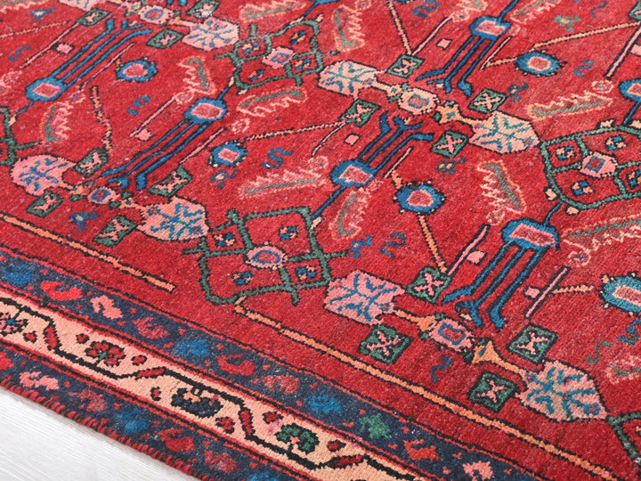 a red oriental rug with a blue border