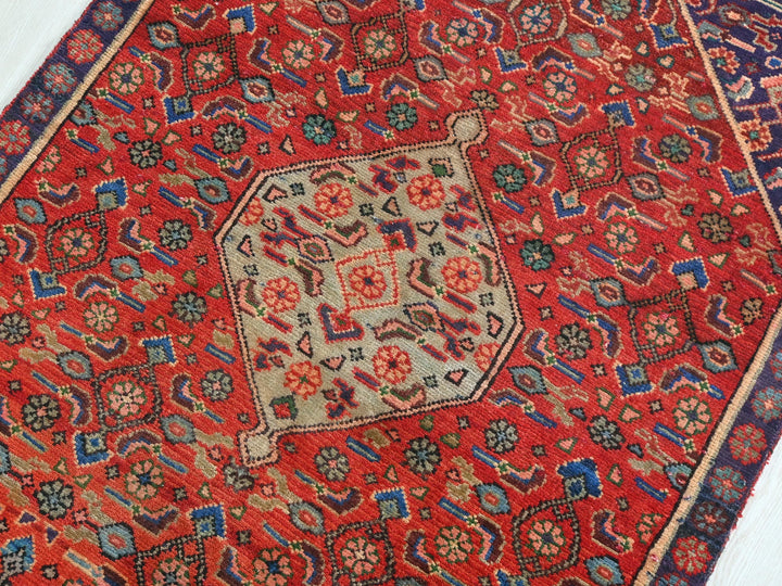 a red oriental rug with a blue border