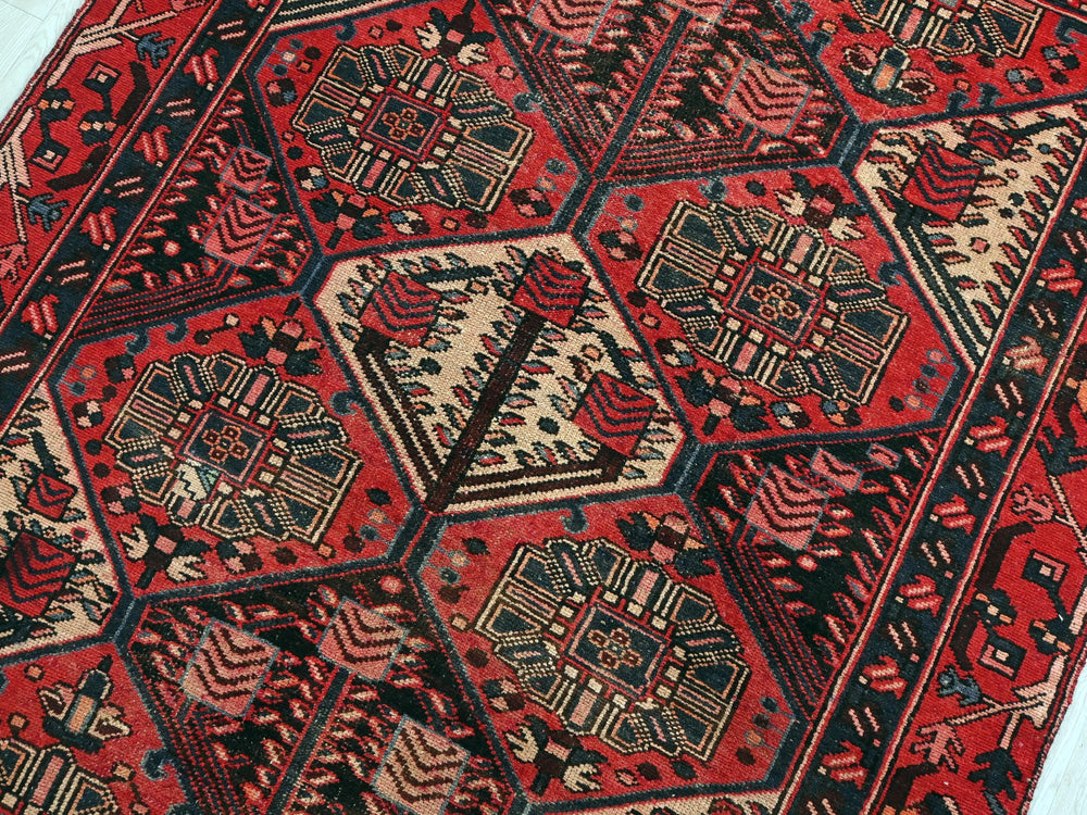 a red and black oriental rug on the floor