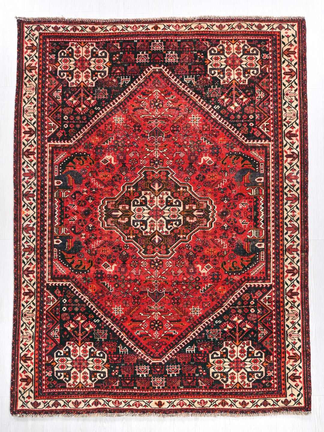 a red and black oriental rug on a white background