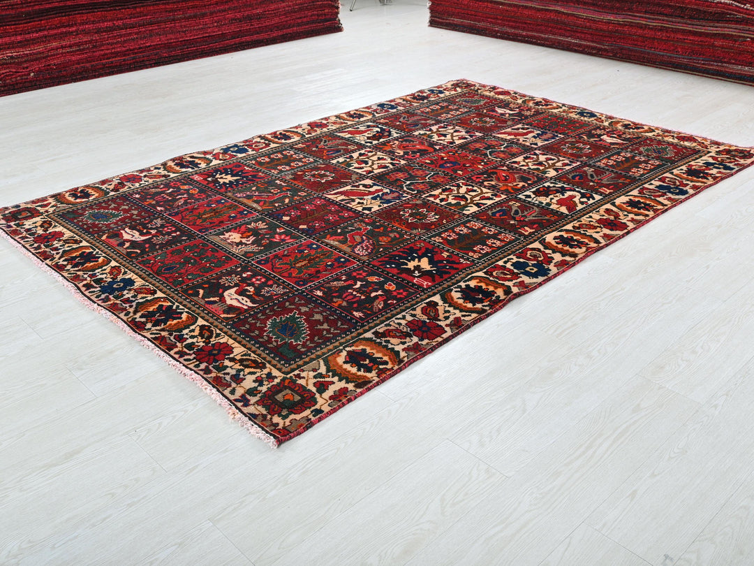 a red rug on a white floor in a room
