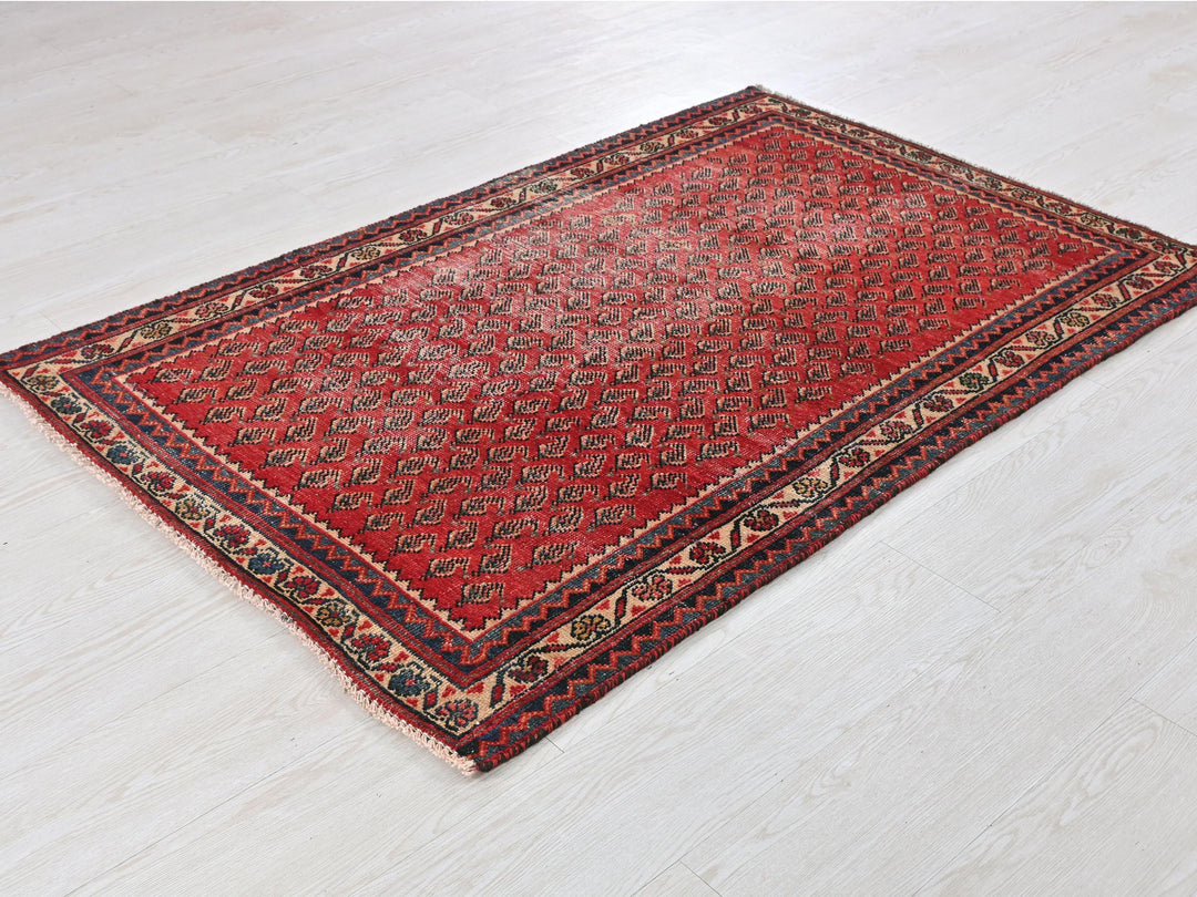 a red oriental rug on a white floor