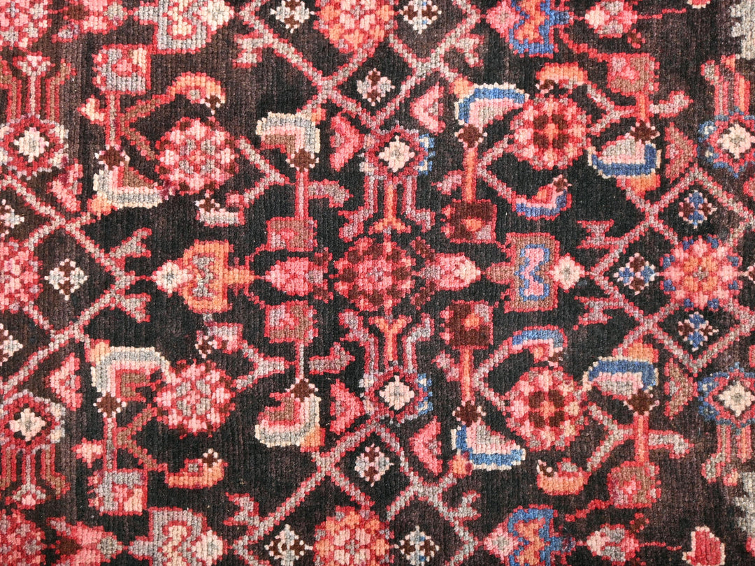 a close up of a red and black oriental rug