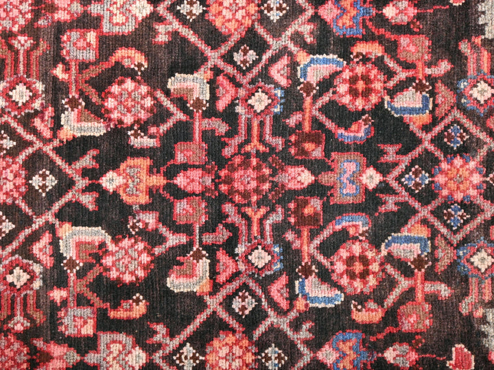 a close up of a red and black oriental rug