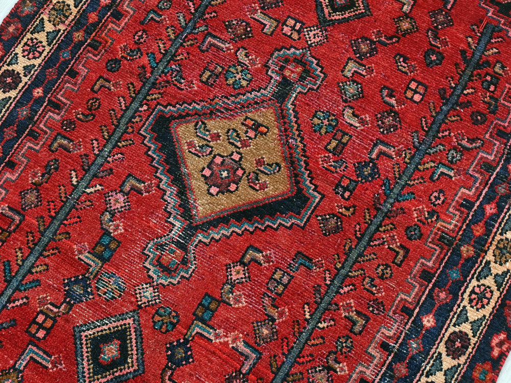 a red oriental rug with a blue border