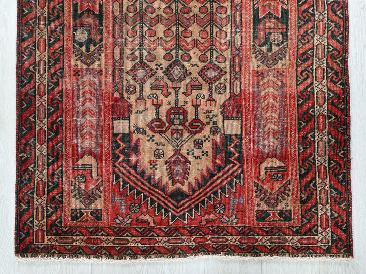 a red and black oriental rug on a white background