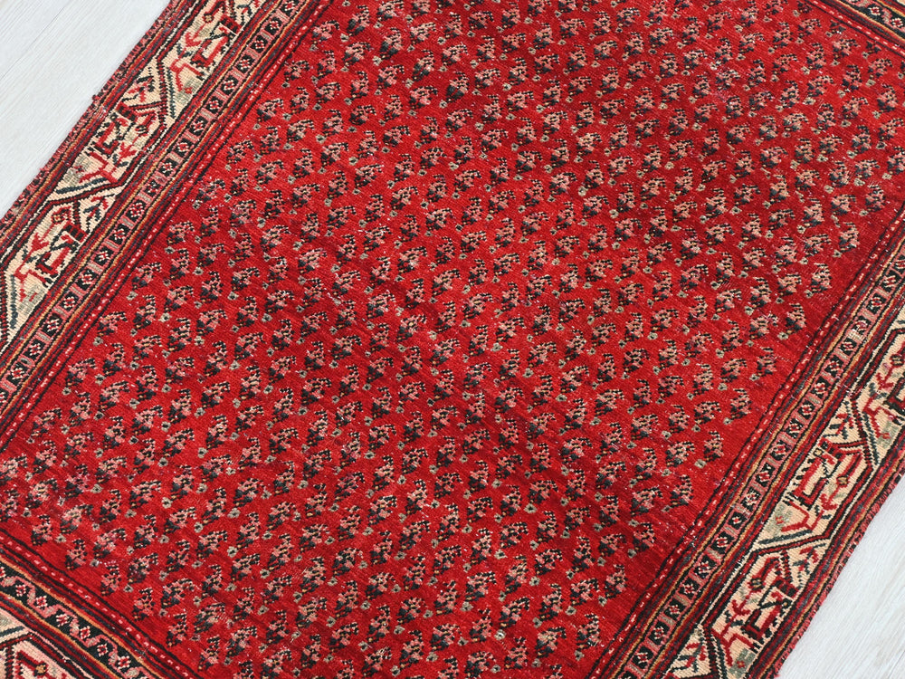 a red rug with a floral design on it