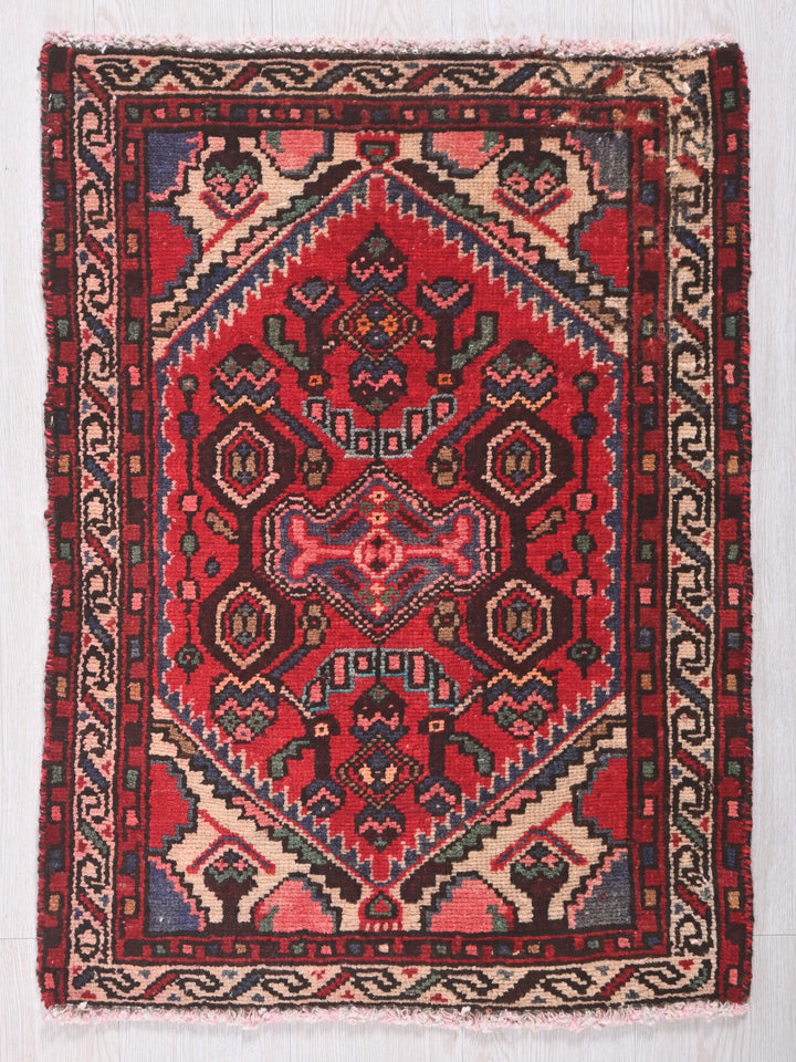 a red rug with a design on the middle of it