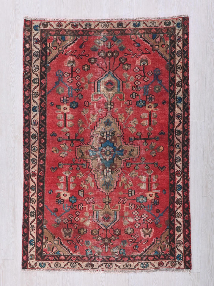 a red rug with a floral design on it