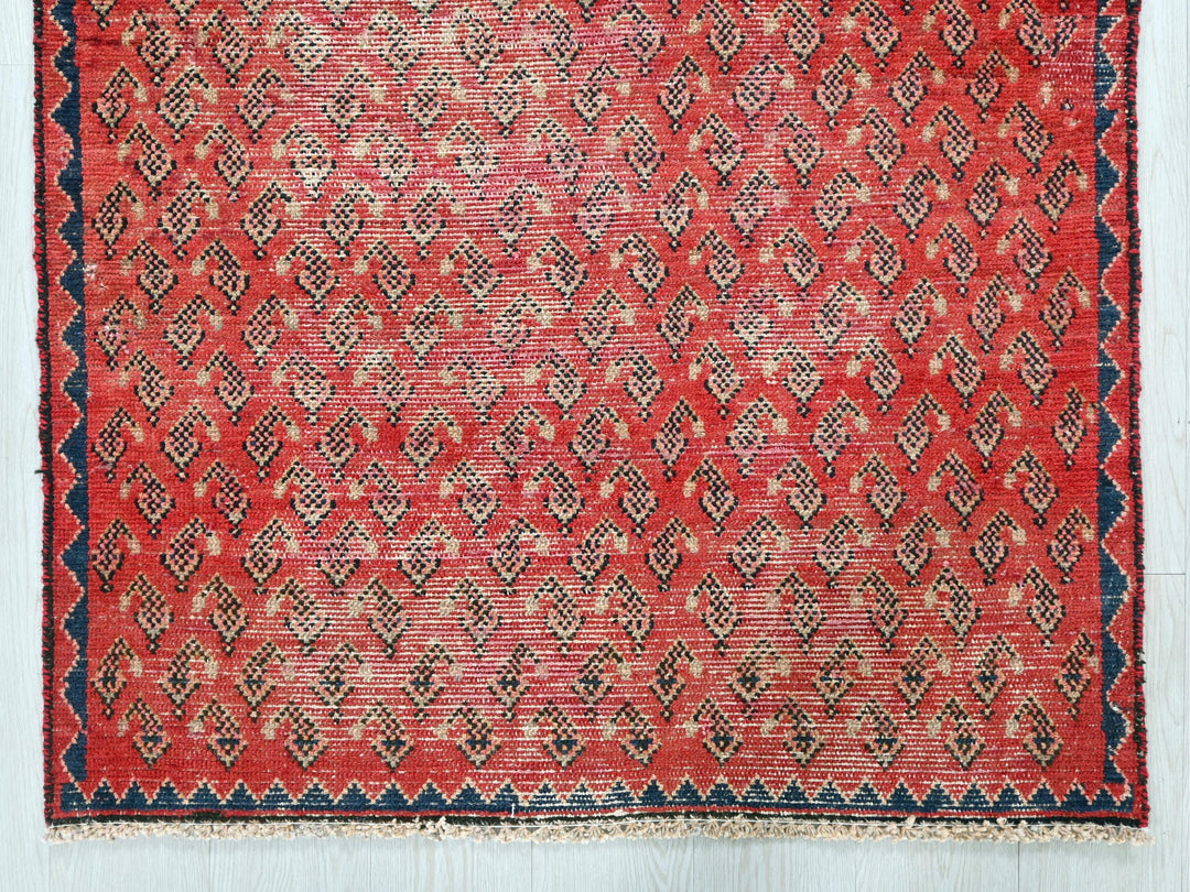 a red rug with a blue border on a white background
