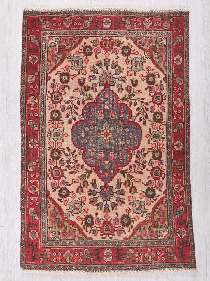 a red and blue rug on a white wall