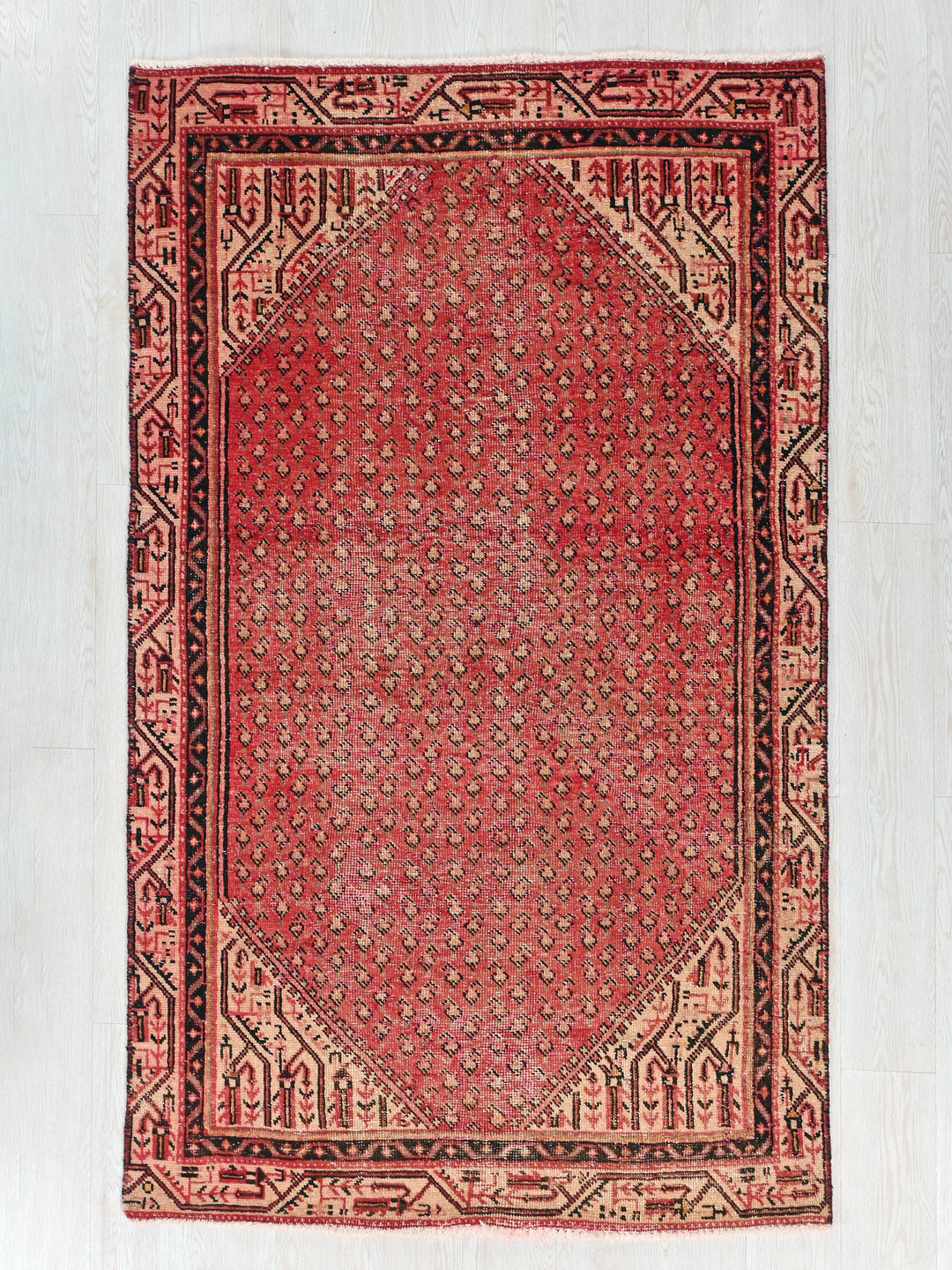 a red rug with a diamond shaped design
