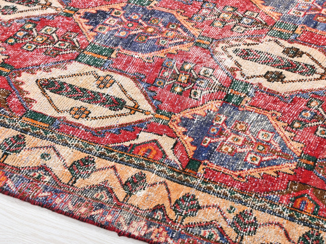 a colorful oriental rug with a white floor