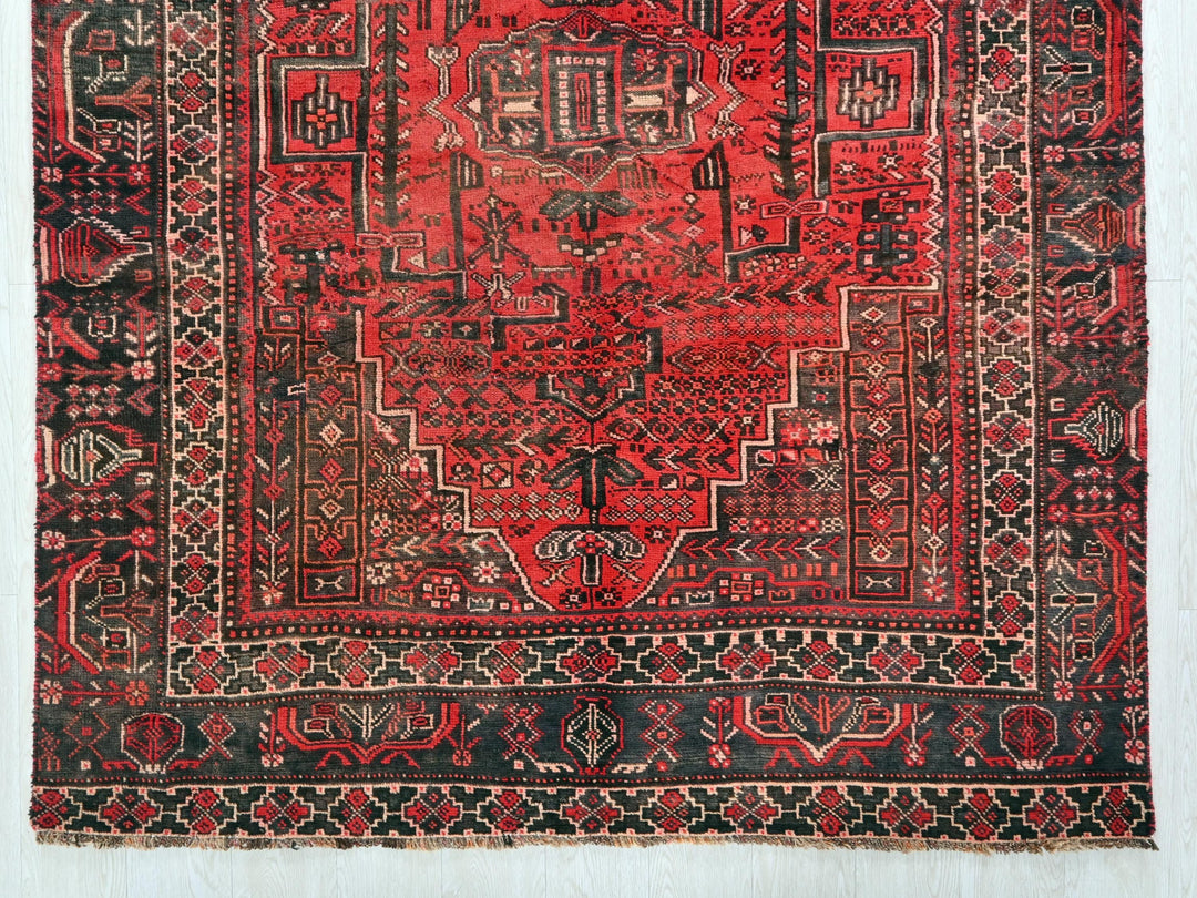 a red and black oriental rug on a white background