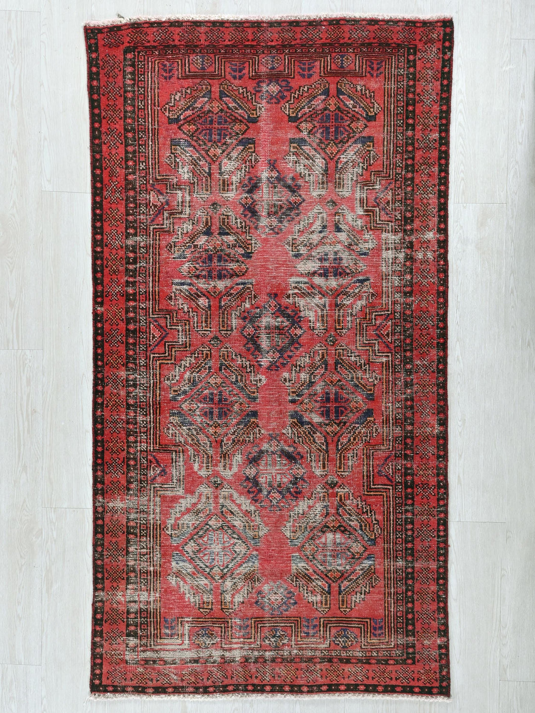 a red rug with a black border on a white floor