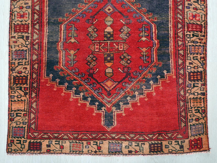 a red and blue rug with a design on it
