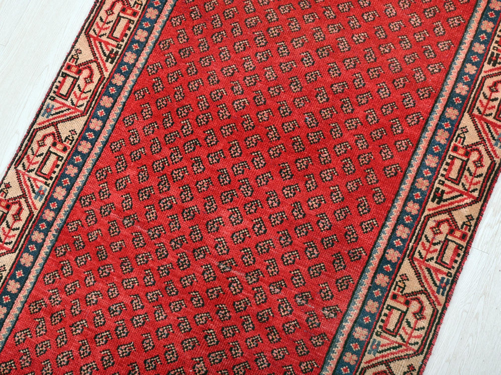 a red rug with a blue border on a wooden floor