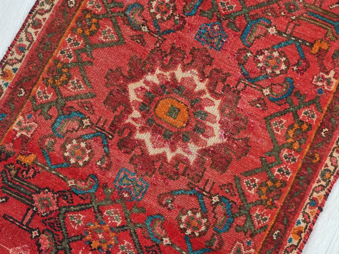 a red oriental rug on a white wooden floor