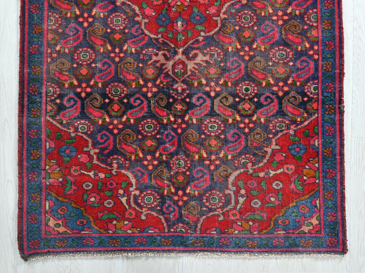a red, blue, and green oriental rug on a white background