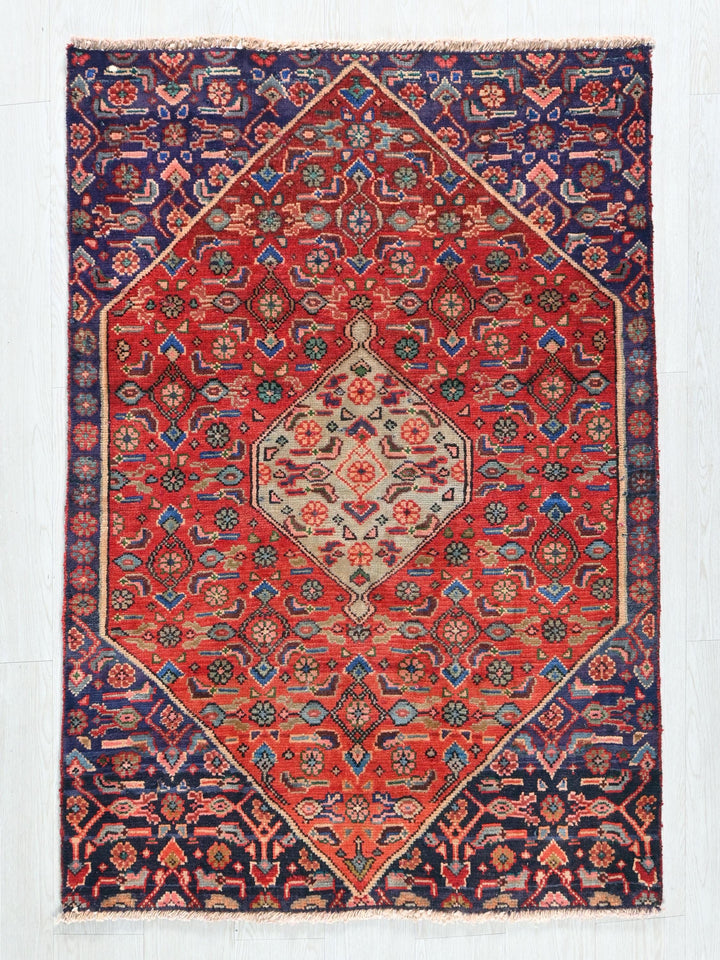 a red and blue rug on a white wall
