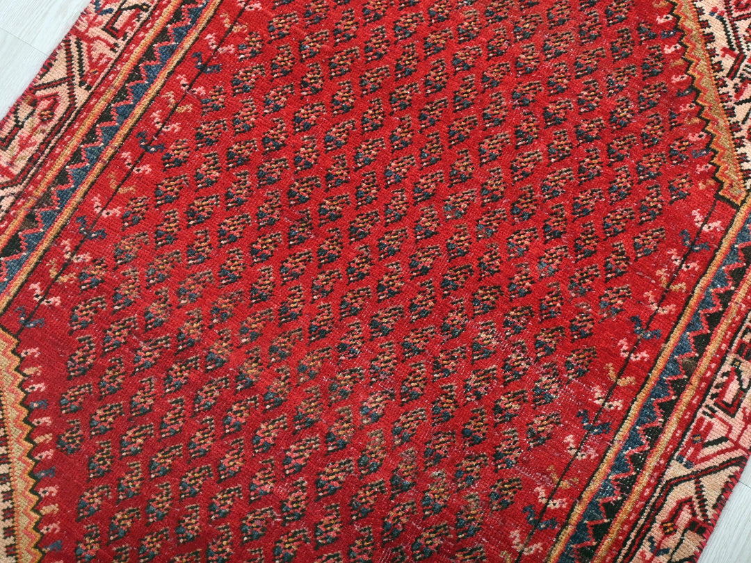 a red oriental rug on a white wooden floor