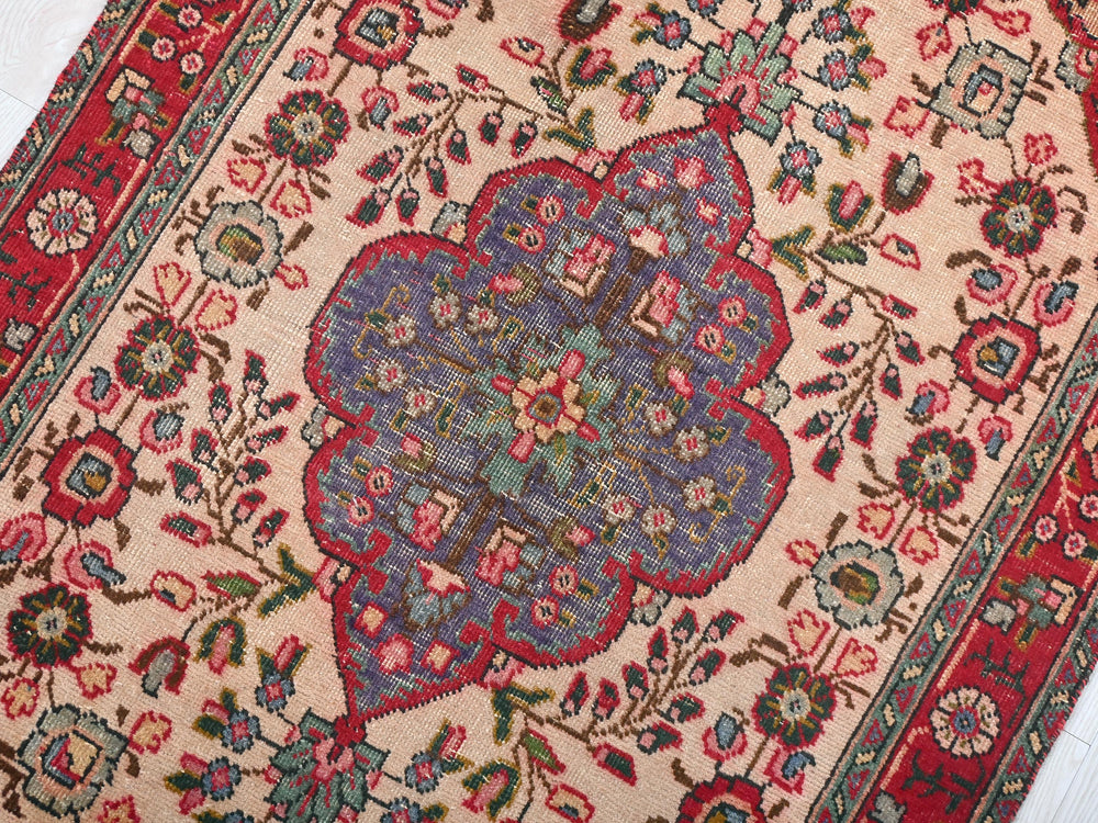 a large oriental rug on a white floor