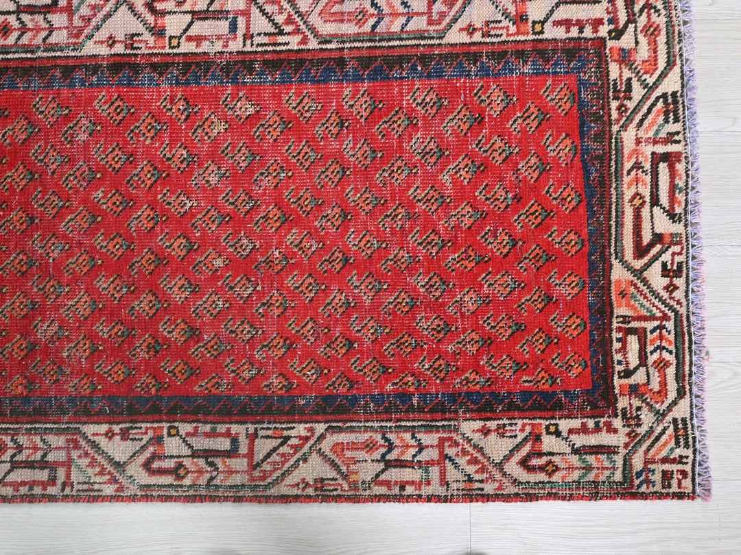 a red rug with a blue border on a wooden floor