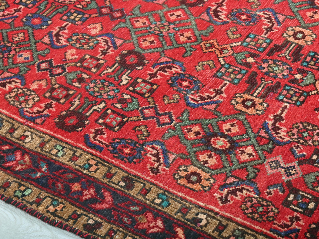 a red oriental rug with a blue border