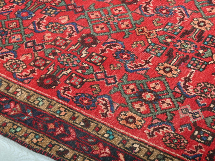 a red oriental rug with a blue border