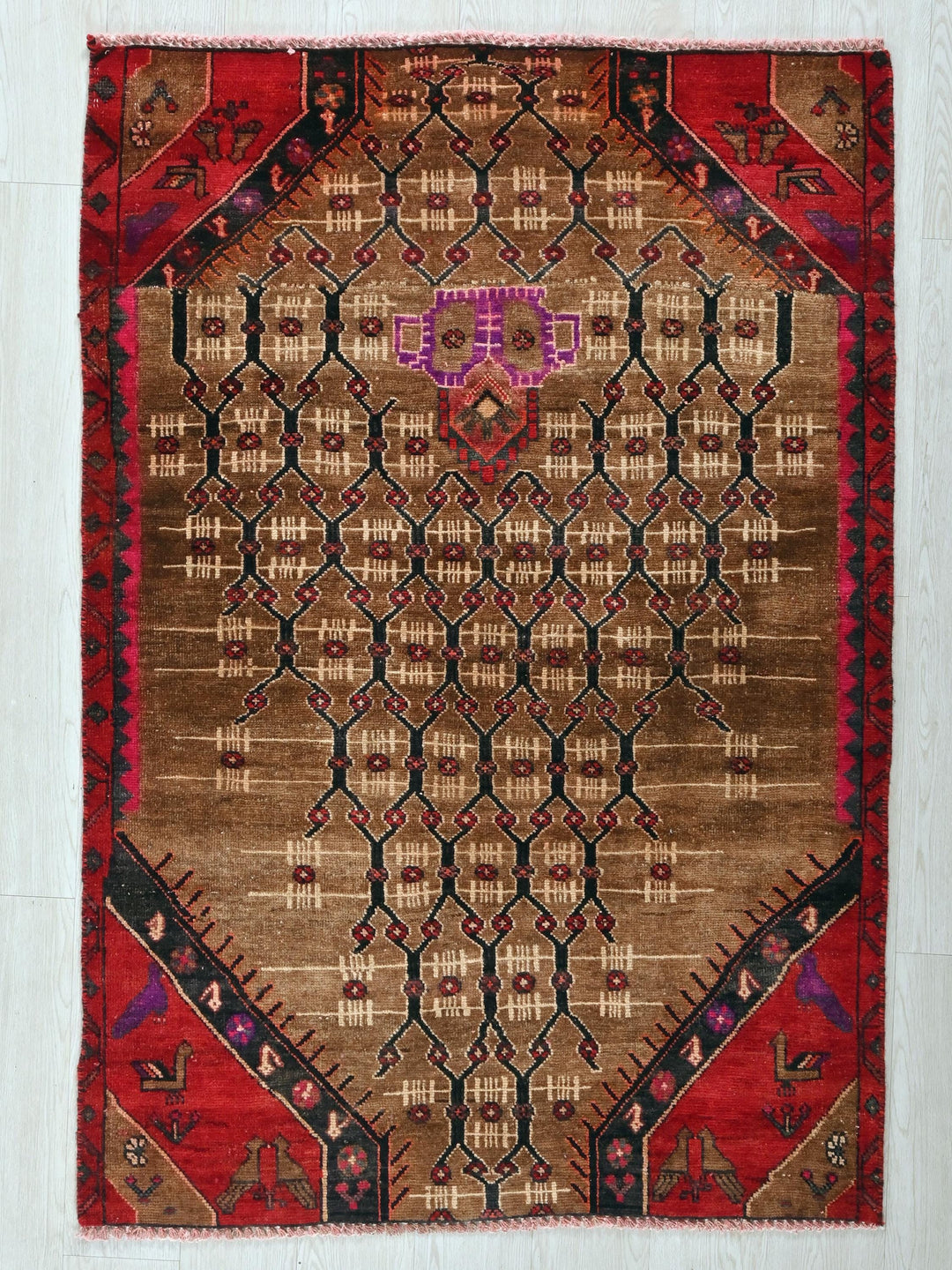 a brown and red rug with a design on it