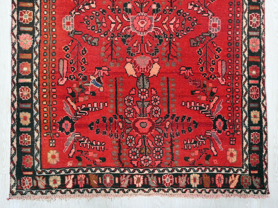 a red oriental rug with a black border