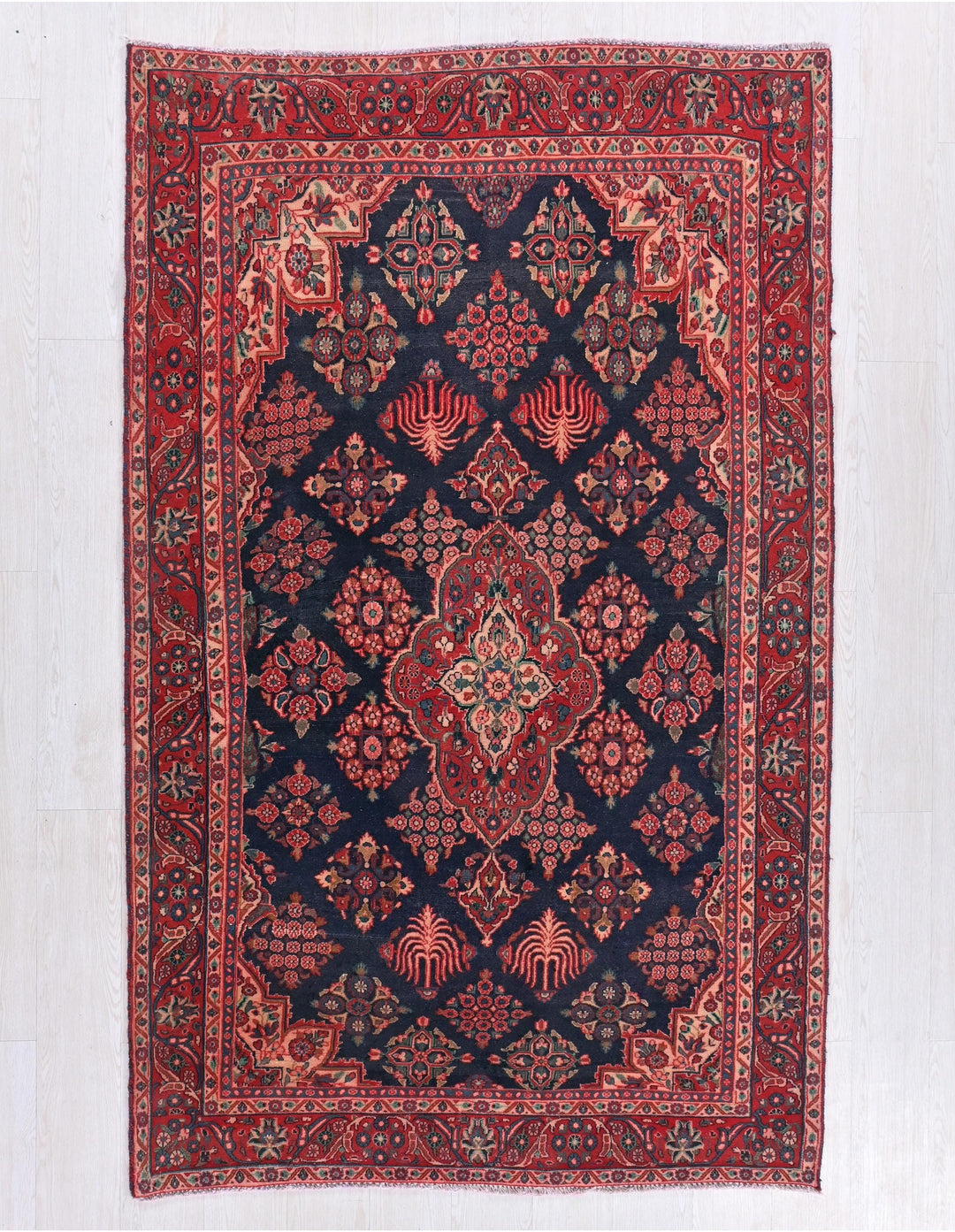 Vintage khaki brown wool Oriental rug 4’4×7’7 with faded red, red, royal blue, navy blue, emerald green, pale yellow, creamy beige, tan & black accents, low pile, ideal for living room”